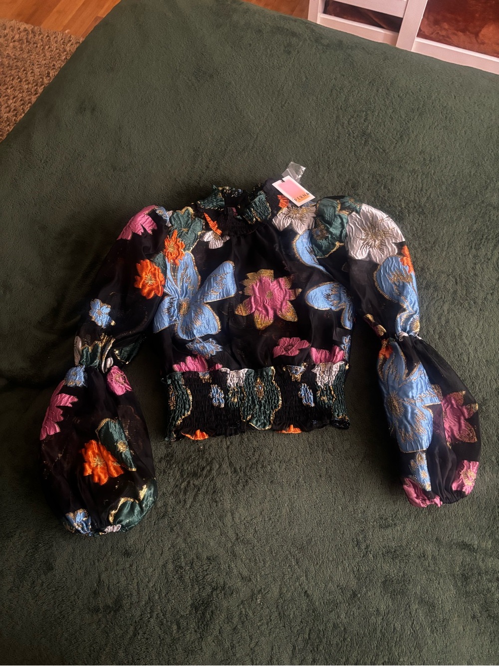 NWT XS $268 THE HOUSE OF PERNA ANNE top blouse MOD FLORAL smocked puff sleeves - Picture 5 of 9